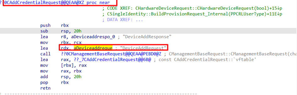 the wlidsvc.dll showing us the the addcredentialrequest contains the deviceaddrequest