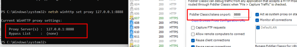 configure a proxy for fiddler with the command netsh winhttp set proxy 127.0.0.1:8888