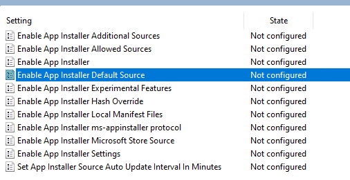 configuring the app installer settings to define the default source to be the winget source