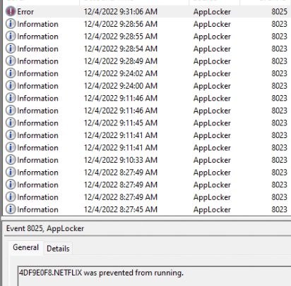 applocker showing the 8025 event log when it blocks an app from the microsoft store.