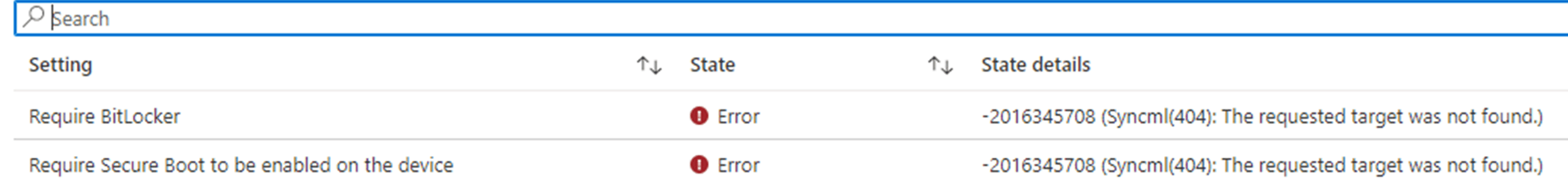 Bitlocker compliance policy showing the error state: -2016345708 (SyncMl(404): The requested target was not found)