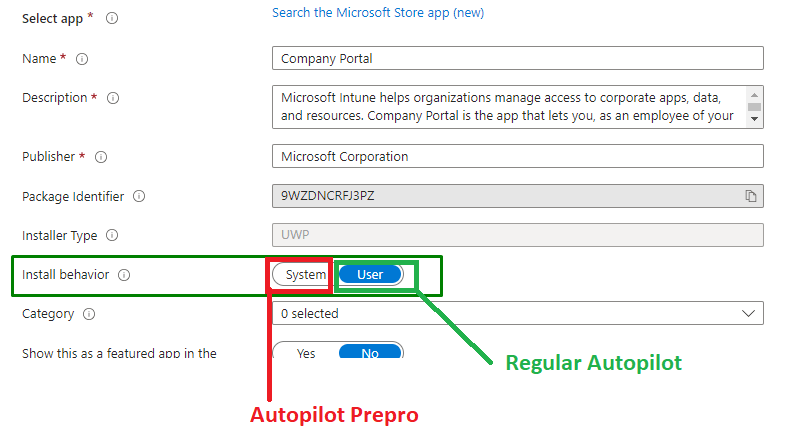 adding the company portal and configuring the install behavior to make sure it gets installed in the system or user context