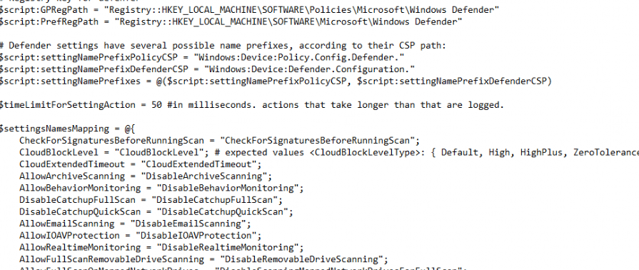 the powershell script that configures the defender settings on the server