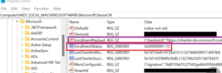 the mde attach enrollmentpayload in the sensecm registry key showed me the checkin.dm.microsoft.com url