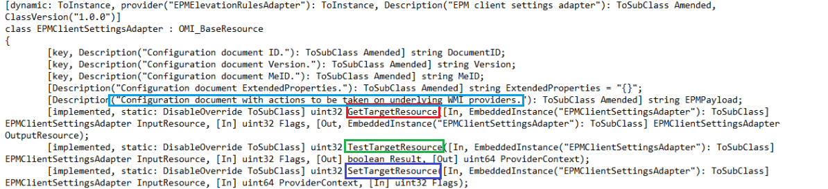 The mof file showing the gettargetresource, testtargetresource and settargetresource desired state command