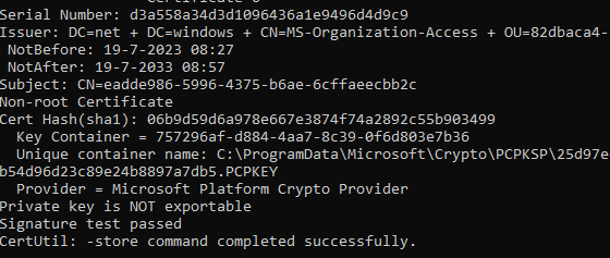 The private key of the microsoft intune mdm device ca is stored in the Microsoft Platform Crypto Provider