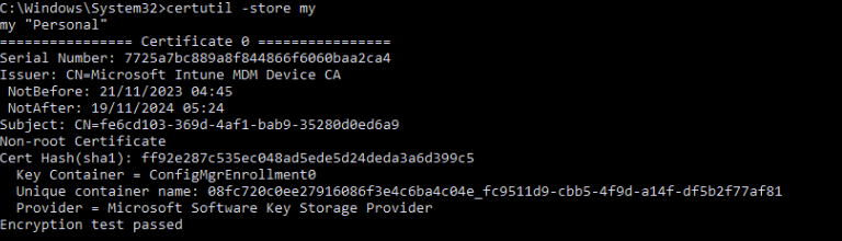 The private key of the microsoft intune mdm device ca is stored in the Microsoft Software Key Storage Provider (KSP)