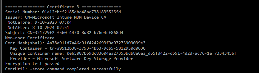 intune mdm certificate stored in the ksp