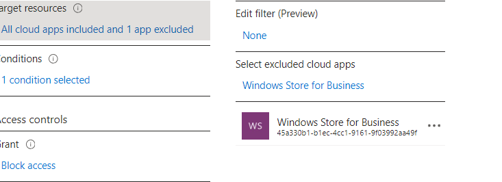 blocking the windows store for business api with conditional access