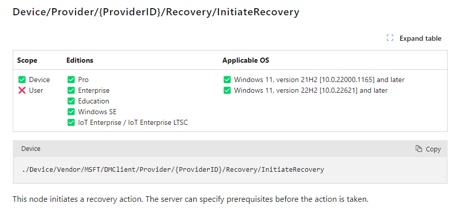 InitiateRecovery CSP Microsoft