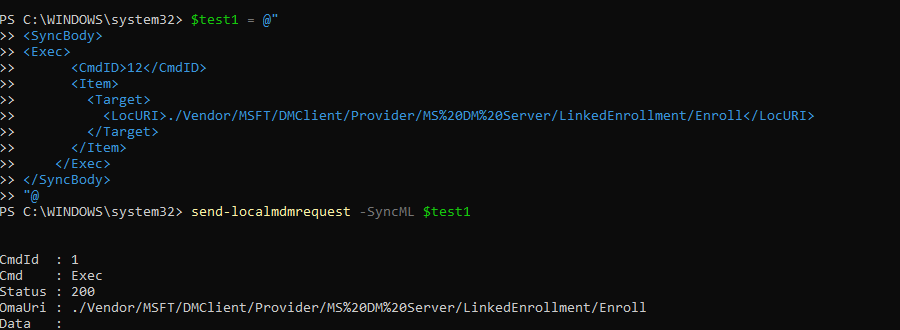 onboarding a device to mmp-c manually by using the localmdm client and using the linkedenrollment csp