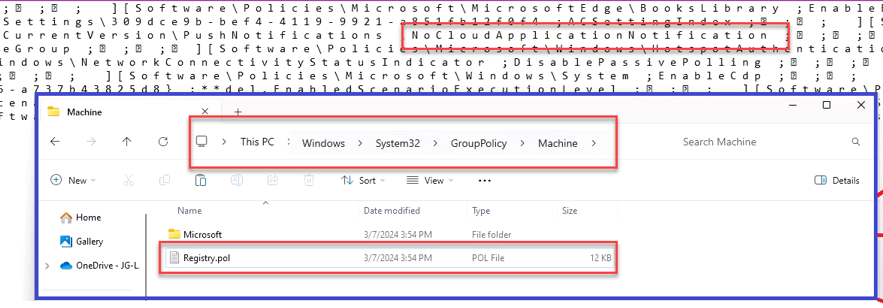 inside the grouppolicy machine folder we will spot the registry.pol with some settings in it. when we take a closer look at the policies we will sopt the nocloudapplicationnotification policy