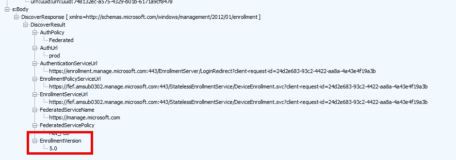 in the discoveryresponse we will notice that this repsonse contains the enrollment uri's and the enrollmentversion it gets