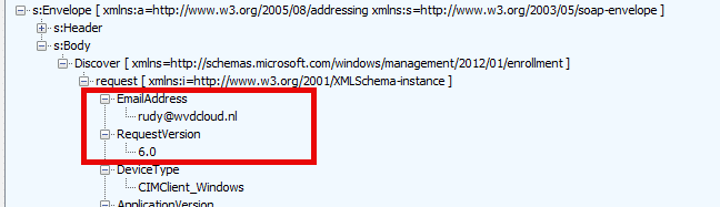 the DiscoveryRequest showing us our emailaddress and the requestversion 6.0 which means it ask for the enrollment version 6.0