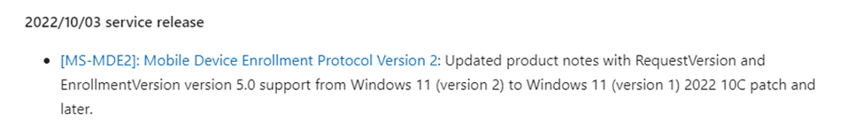 enrollmentversion 5.0 support from windows 11