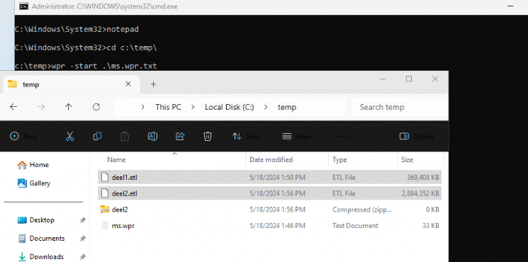 executing the windows performance recorder by using the the wpr -start command