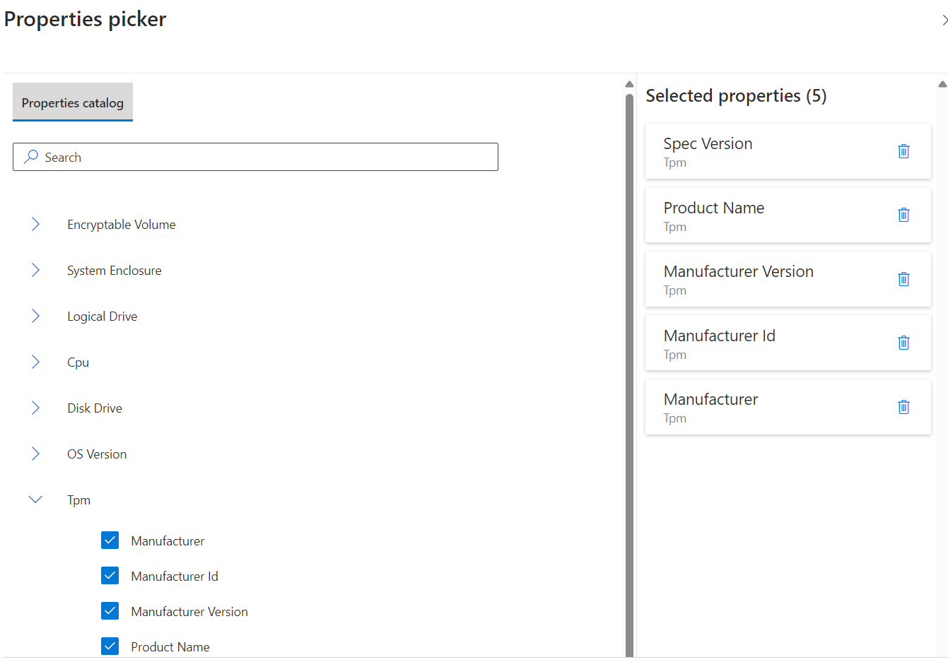 after selecting the properties catalog , we need to configure which properties/entities we want to harvest. We can do so by selecting all properties with the properties picker