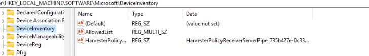 the deviceinventory registry key holds the harvesterpolicy