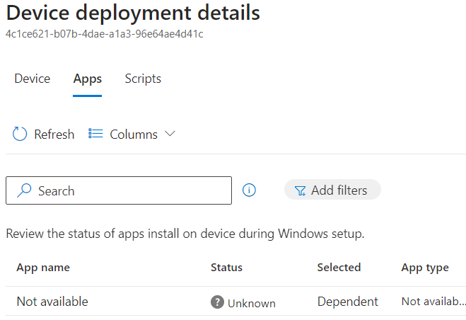 device deployment details showing no apps installed