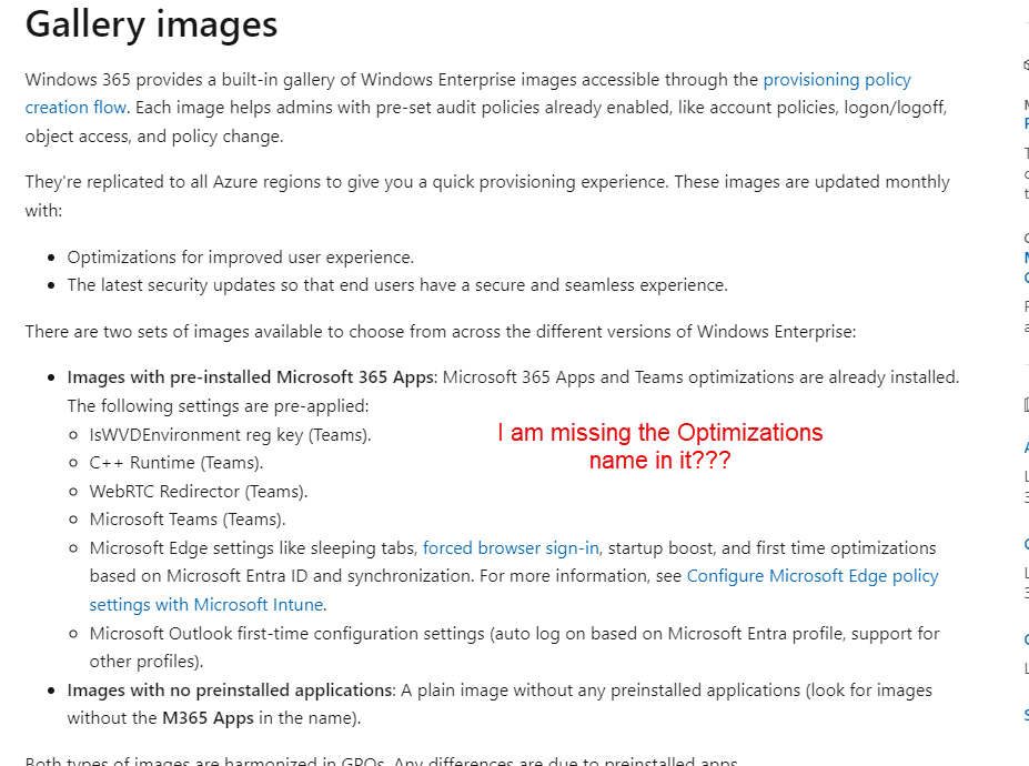 gallery images from windows  365 no longer show the optimization template