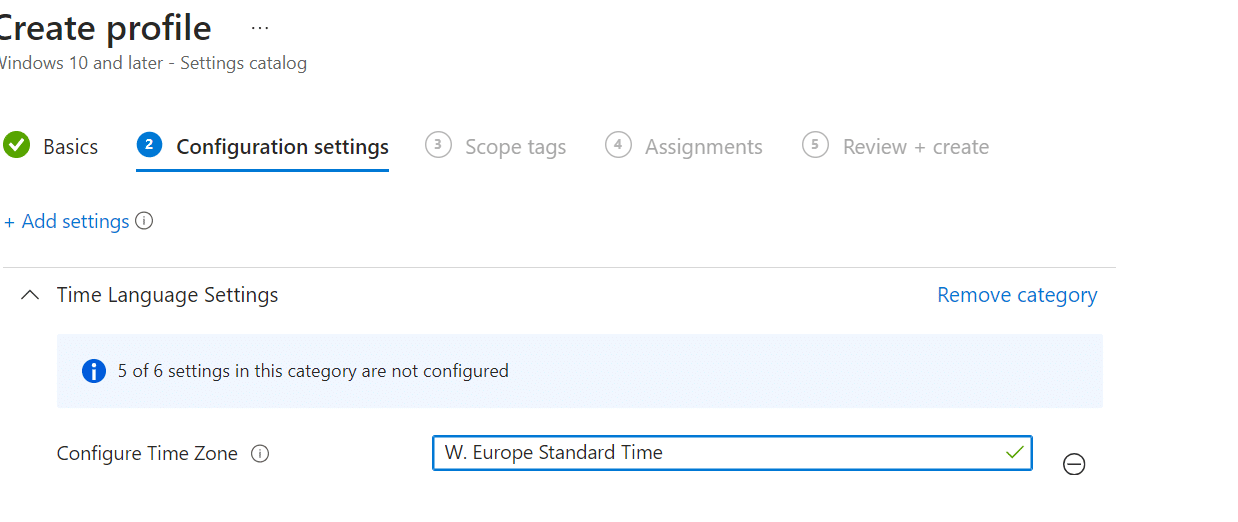 Configuring the Time Zone in Intune by configuring a settings catalog