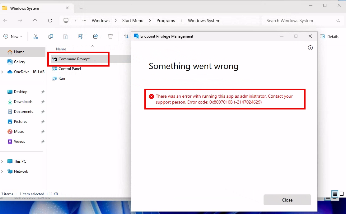 EPM give a 0x8007010b  -2147024629 error when trying to elevate cmd