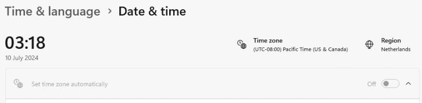 The data & time settings shows us the wrong time zone after the autopilot enrollment. The time zone is configured to utc -8:00 while we are in the netherlands