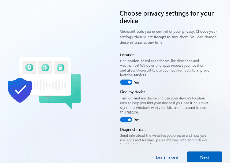 Choosing the privacy settings after windows Autopilot and enabling location services