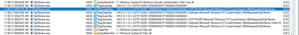 procmon also showing the fact that the   MfaRequiredInClipRenew is now created in the HKU registry