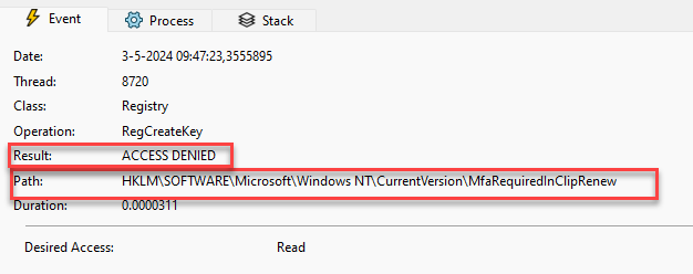 procmon showing the access denied error when creating the mfarequiredincliprenew key