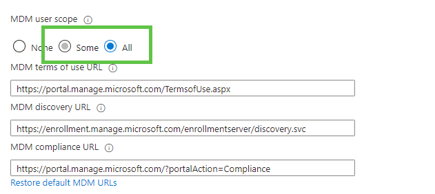 Configuring the MDM scope to all or a certain user group should solve the mdm enrollment issue 