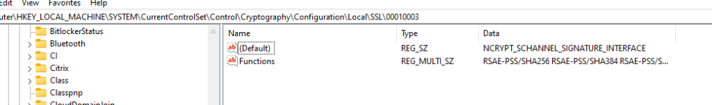 HKLM\SYSTEM\CurrentControlSet\Control\Cryptography\Configuration\Local\SSL\00010003  showing the hash alghoritms