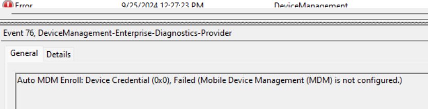 Event id 76: 0x80180031 Mobile Device Management (MDM) is not configured)