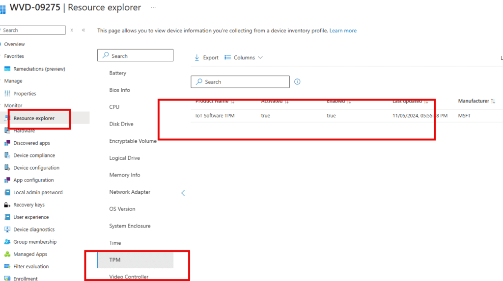 we can take a look at the device its harvested properties by clicking on the device and opening the resource explorer