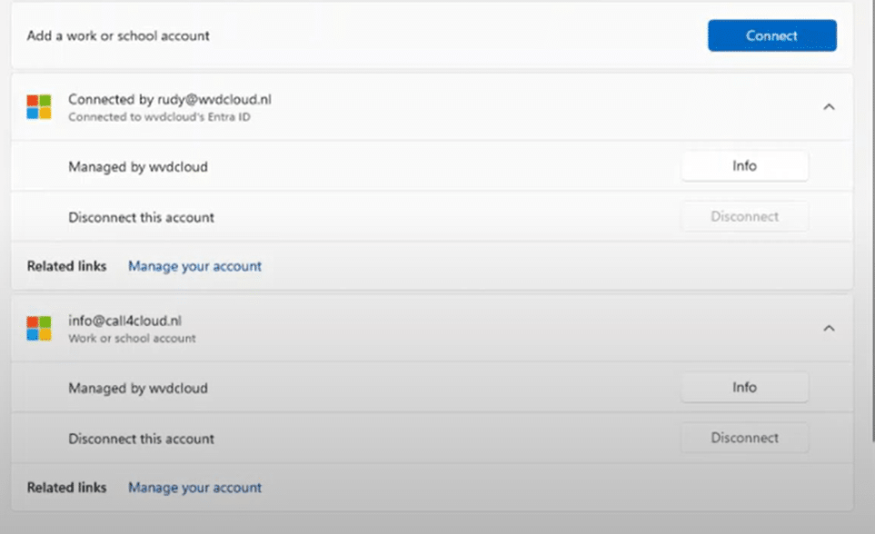 In our work or school account settings we have configured multiple different aad account from multipe different tenants