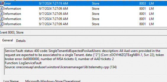 The Microsoft Store event log showing us the error 8003: Service Fault: status 400 code: SingleTenantIdExpectedForAadUsers:  description: All AAD users provided in the request are expected to be associated with a single Tenant.