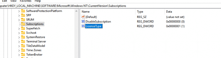 a new subscriptions registry key showed up with 2 new registry keys in it. 
DIsableSubscription and Licensetype