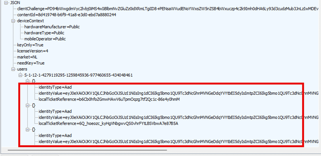 In the license request we can spot all the different work or school accounts that were added by the user on his device.
It shows us the 3 aad accounts from multiple tenants