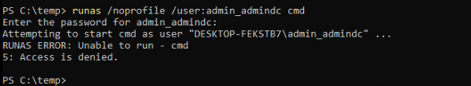 access denied when trying to run a specific process as the system managed admin account