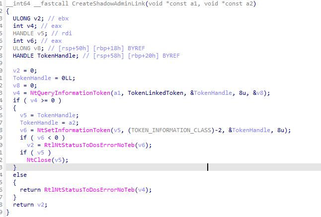 Consent.exe calls the function CreateShadowAdminLink to map the main admin’s token to the  System Managed Admin Account's SID.