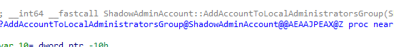 the ShadowAdminAccount::AddAccountToLocalAdministratorsGroup function adds the the additional System Managed Admin Account to the Local Administrators group.