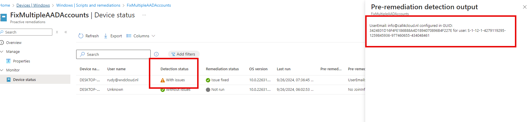 The remediation detection output showing that the detectin script encountered the secondary work or school account and now it will  Automatically Remove the Secondary work or School Account