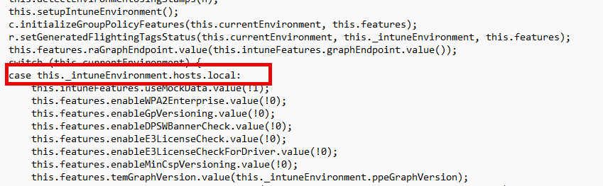 In the code we noticed that the flightingmanager holds all intune features that are enabled for each intune service. It does so by placing a tag (generatedflightingtagstatus) 