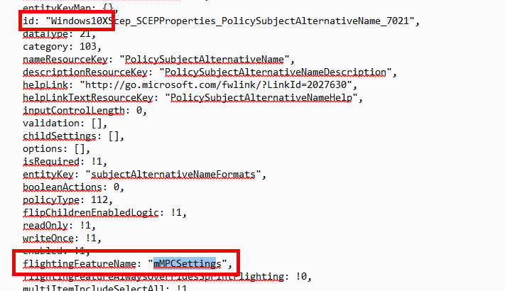 a screenshot of MMPSettings flightingfeaturename with the id of windows10x