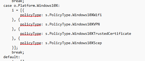 a screenshot of the javascript code, that shows us the 4 policytpe: windows10wifi, windows10xvpn , windows10trsutedcertificate and windows10xscep

