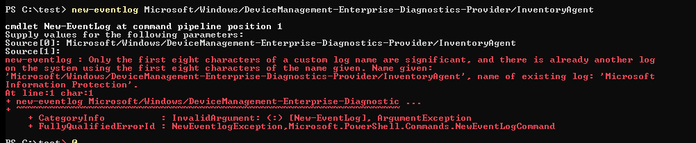 Only the first eight characters of a custom log name are significant, and there is already another log on the system using the first eight characters of the name givin