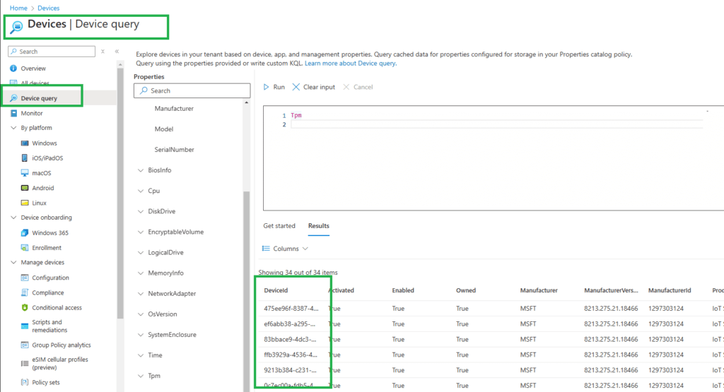 Using the Multi-Device Query feature in Intune / Device Query for Multiple Devices